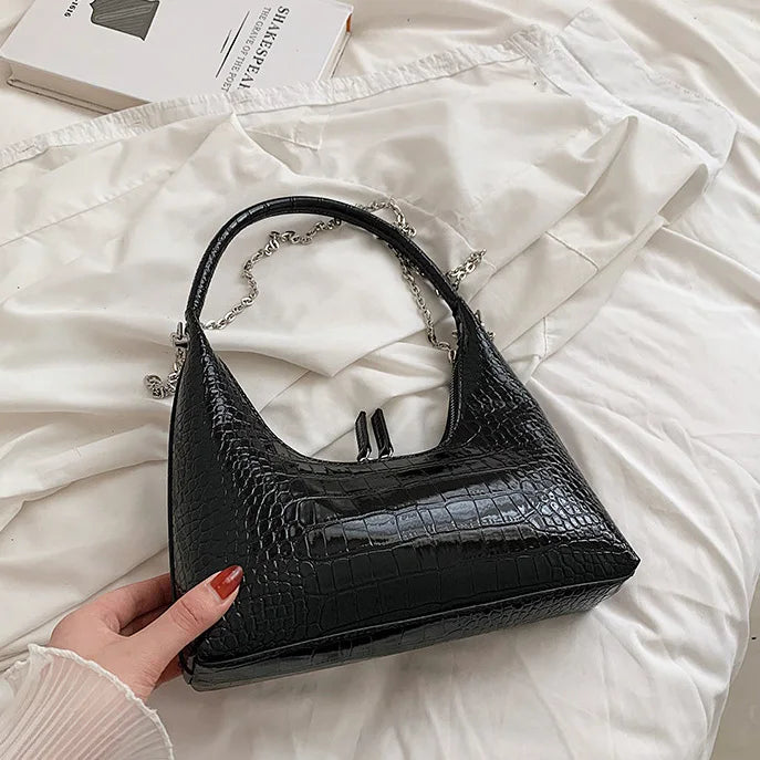 Crocodile Pattern Ladies Chains Hobo Shoulder Purses Stone Pattern Retro Underar
