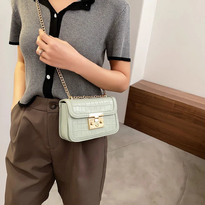 Crocodile Pattern Mini PU Leather Crossbody Bag Chain Shoulder Handbag