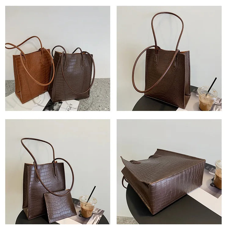 Crocodile Pattern Pu Leather Shopping Bag Female Handbag Large Capacity