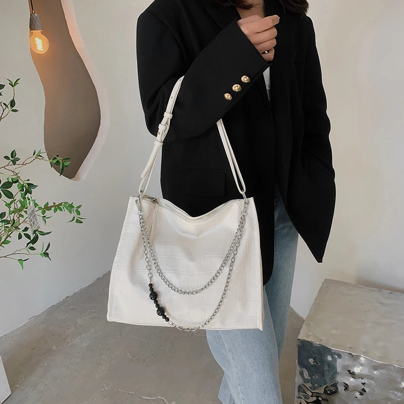 Crocodile Pattern Shoulder Bags With Chain Large Capacity Leather Shopping Bag