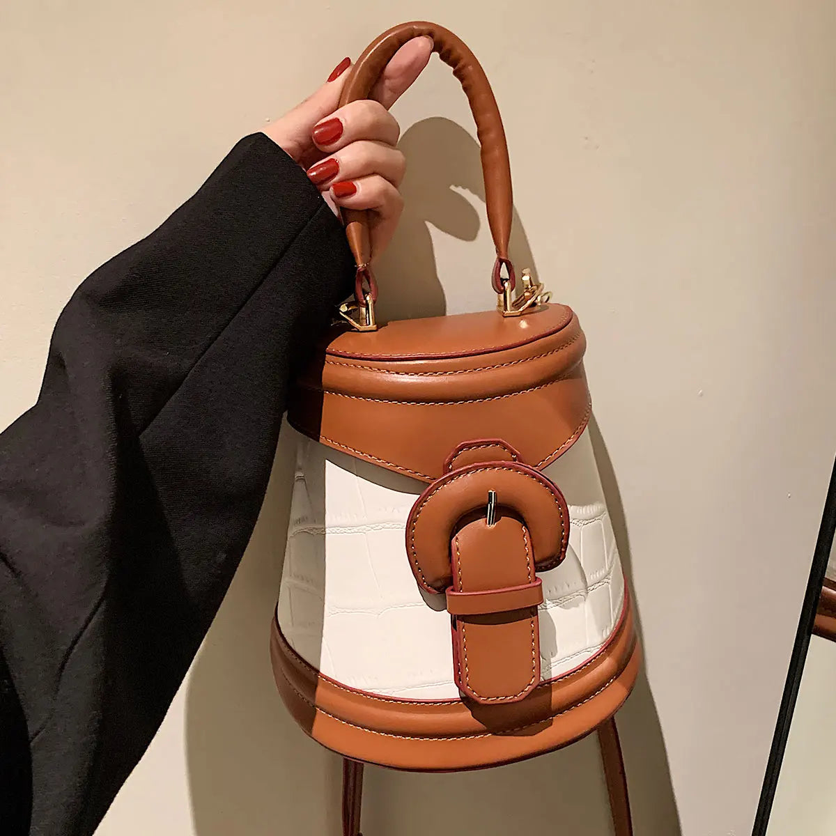 Crocodile Pattern Tote Bag Contrast Bucket Bag PU Leather Women's Handbag
