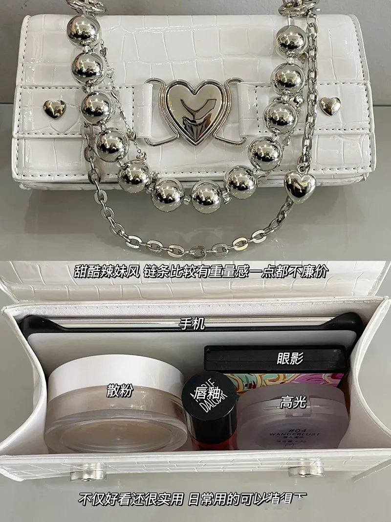 Crocodile Pattern Women Shoulder Bag Vintage Bead Chain