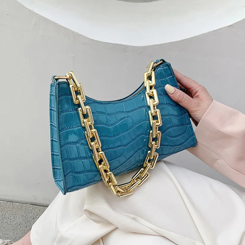 Crocodile Pattern Zipper Handbags Lacquer Shoulder Bag