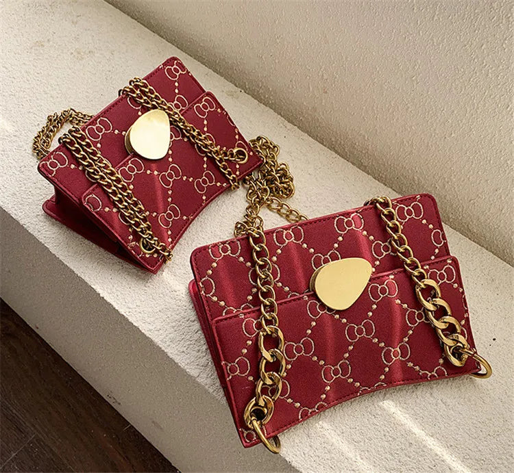 Red Brown Chain Cross Body Bag Women Shoulder Bag