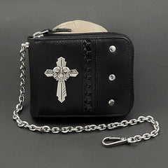 Cross Punk Biker Men's Leather Wallet with Chain