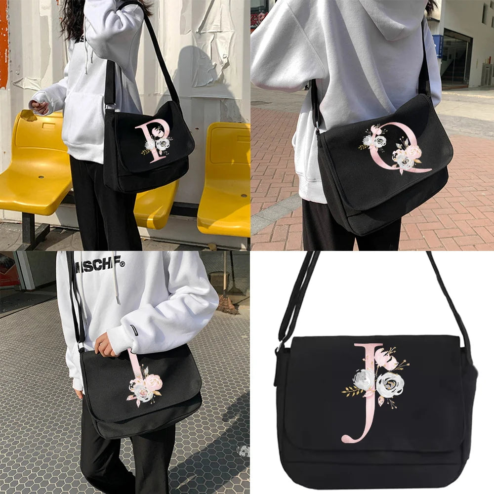 Canvas Crossbody Bag Pink Flower Pattern Shoulder Envelope Pouch