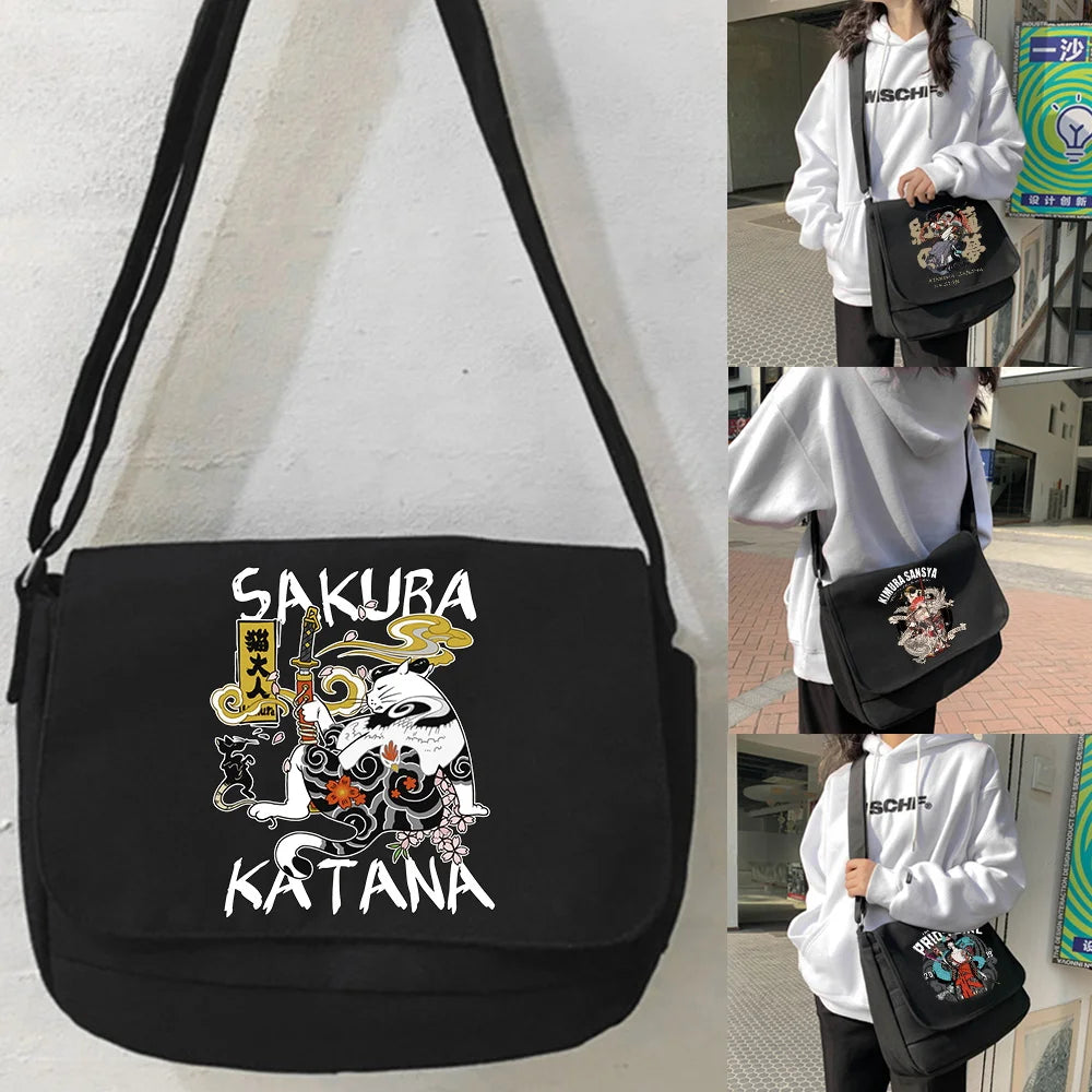 Canvas Crossbody Bag Samurai Pattern Shoulder Messenger Satchel