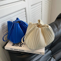 Casual Ladies Crossbody Bag Bucket Shape PU Leather Pleated Zipper Bag