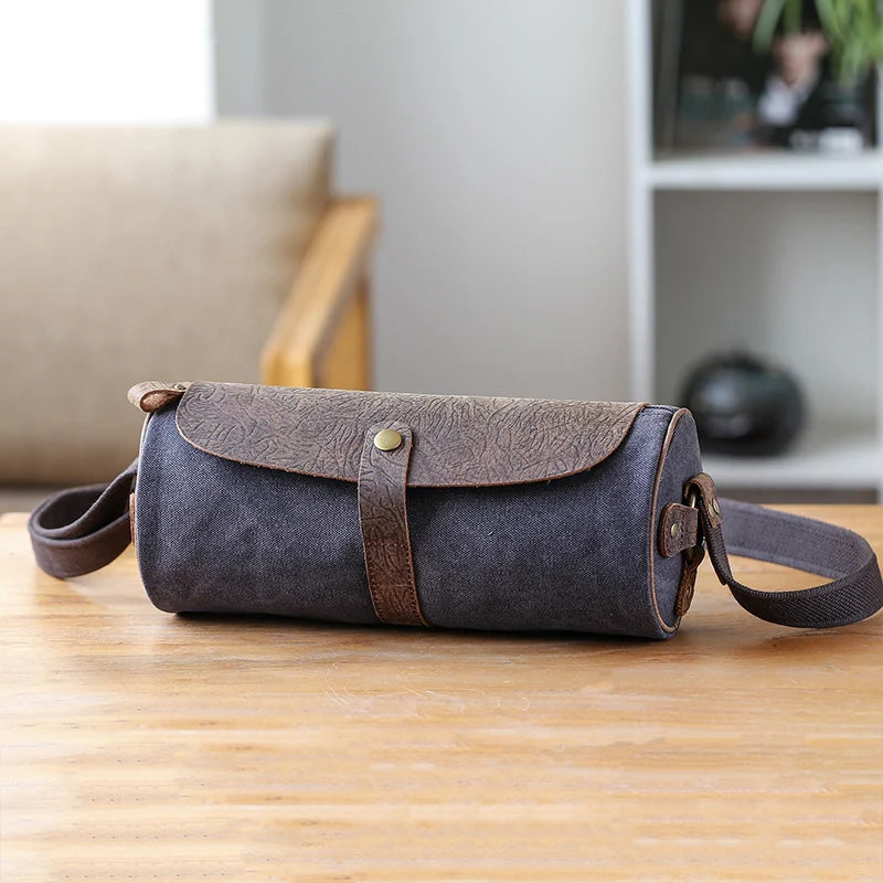 Canvas Leather Crossbody Bucket Bag Retro Shoulder Messenger Purse