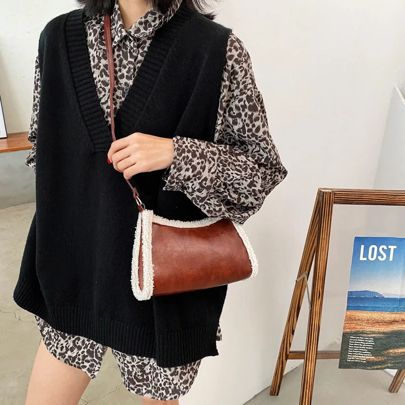 Retro Lamb Wool Crossbody Bag Solid Daily PU Leather Shoulder Bag