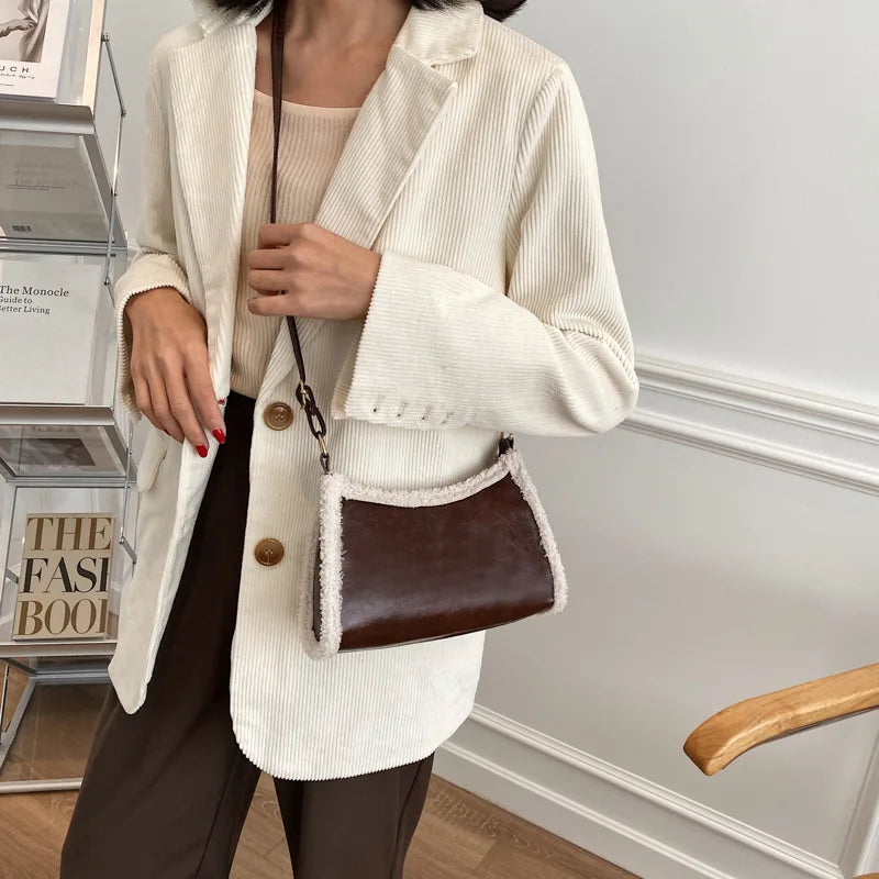 Retro Lamb Wool Crossbody Bag Solid Daily PU Leather Shoulder Bag