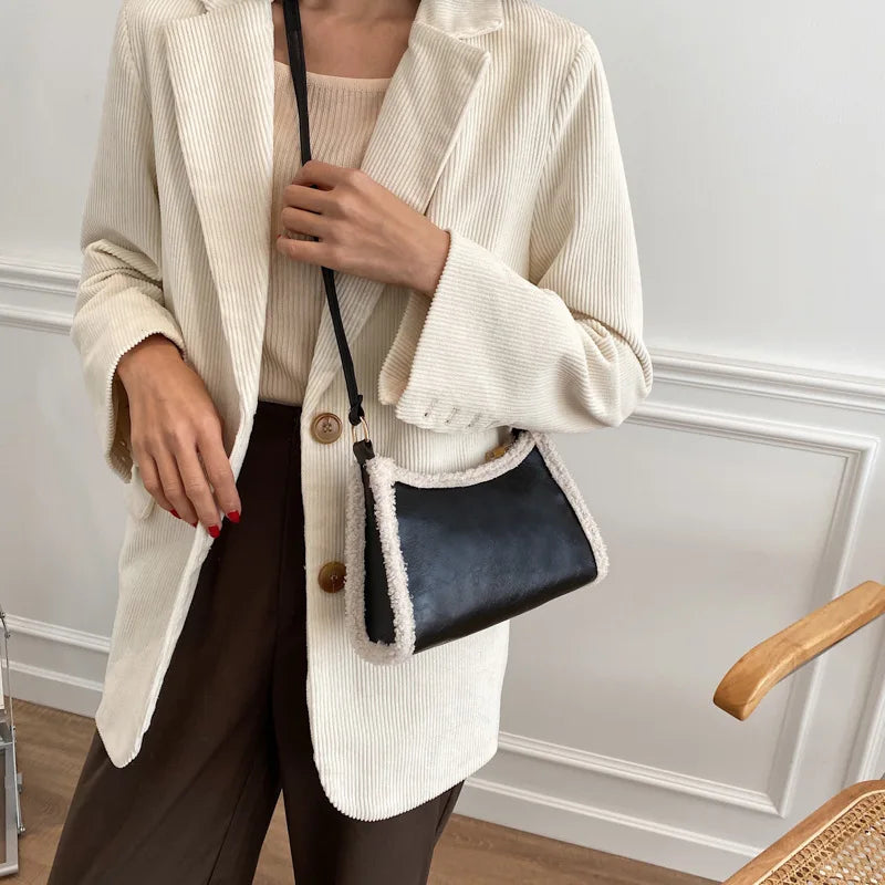 Retro Lamb Wool Crossbody Bag Solid Daily PU Leather Shoulder Bag