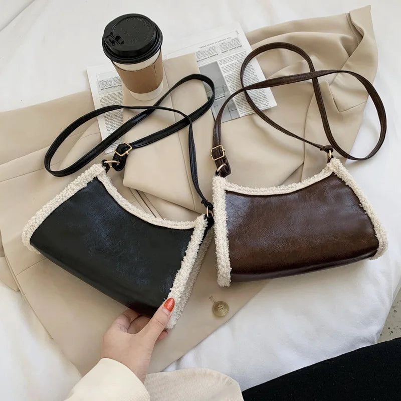 Retro Lamb Wool Crossbody Bag Solid Daily PU Leather Shoulder Bag