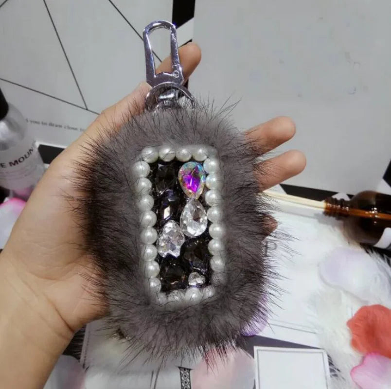 Crystal Diamond Key Case Protective Leather Key Bag Plush Car Key Bag