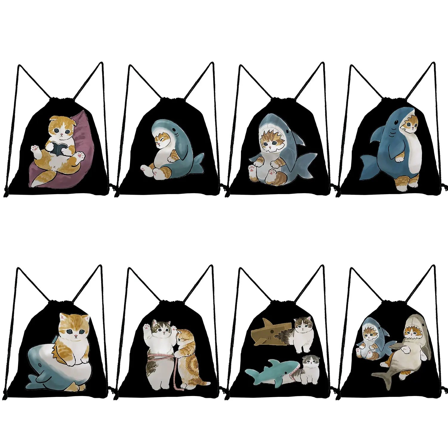 Shark Cat Print Drawstring Backpack, Casual Storage Shoes Bag for Travel