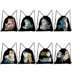 Shark Cat Print Drawstring Backpack, Casual Storage Shoes Bag for Travel