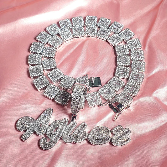 Cursive Iced Out Letter Name Pendant Necklace with Rhinestone Zirconia Chain