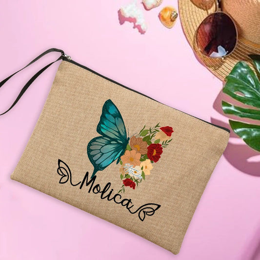 Personalised Butterfly Linen Makeup Bag Travel Clutch Women's Sunglasses Storage