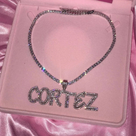Baguette Letters Pendant Silver Charm Necklace Chain Rock Jewelry