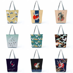 Japanese Tote Crane Print Shoulder Bag Handbag Travel Reusable