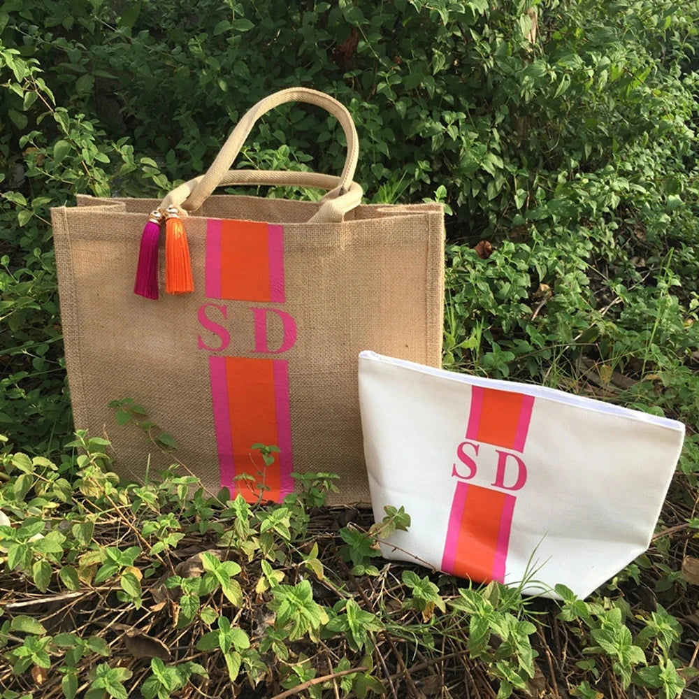 Striped Monogrammed Beach Tote Bag Burlap Mom Basket Bags