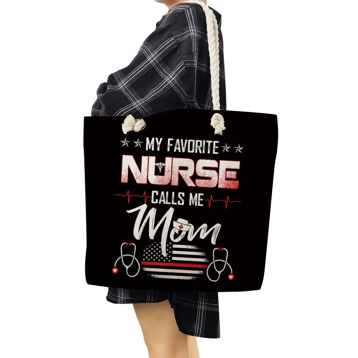 Nurse Print Shoulder Bag Eco Linen Travel Beach Tote