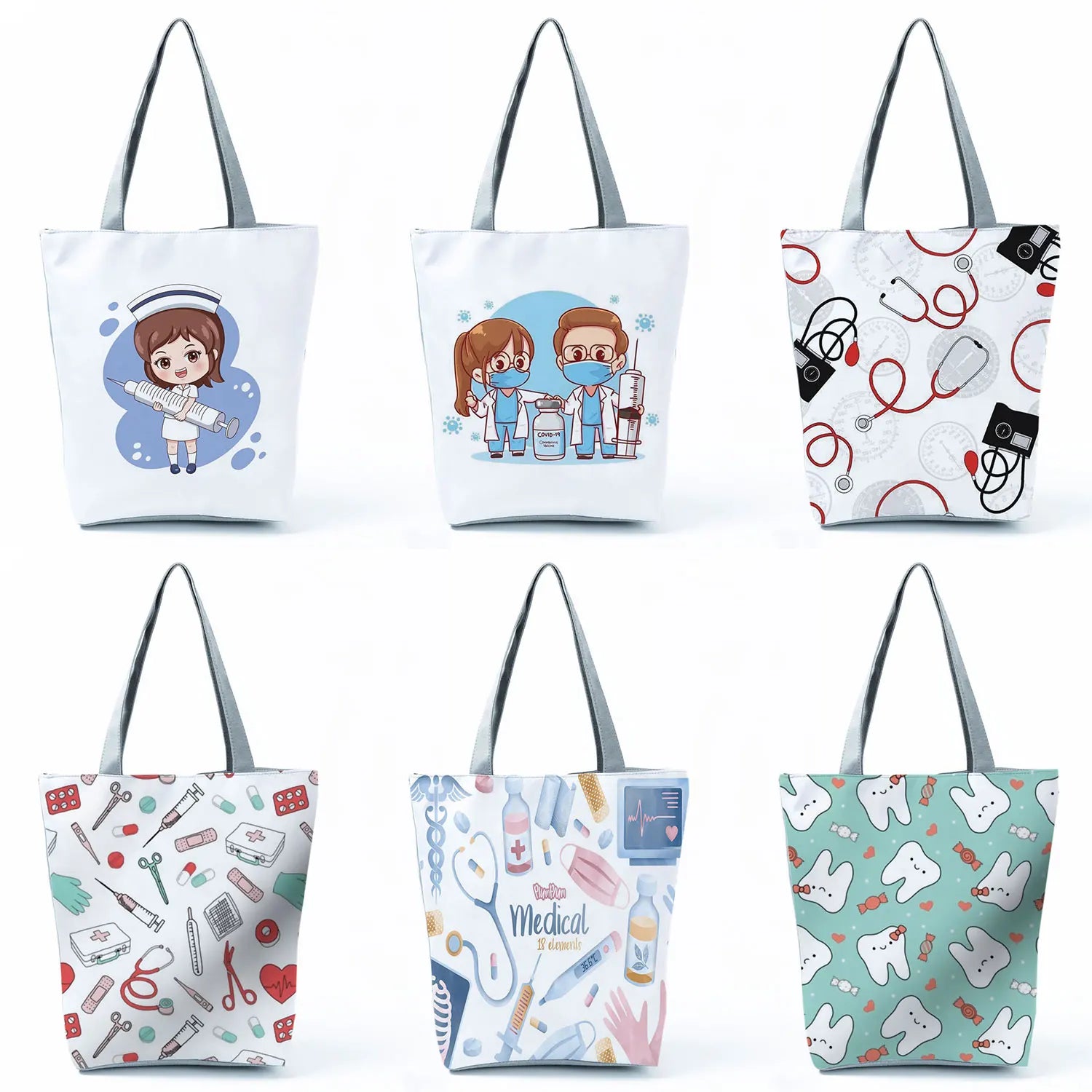 Cartoon Dentist Nurse Print Tote Women Handbag Reusable Shoulder Bag