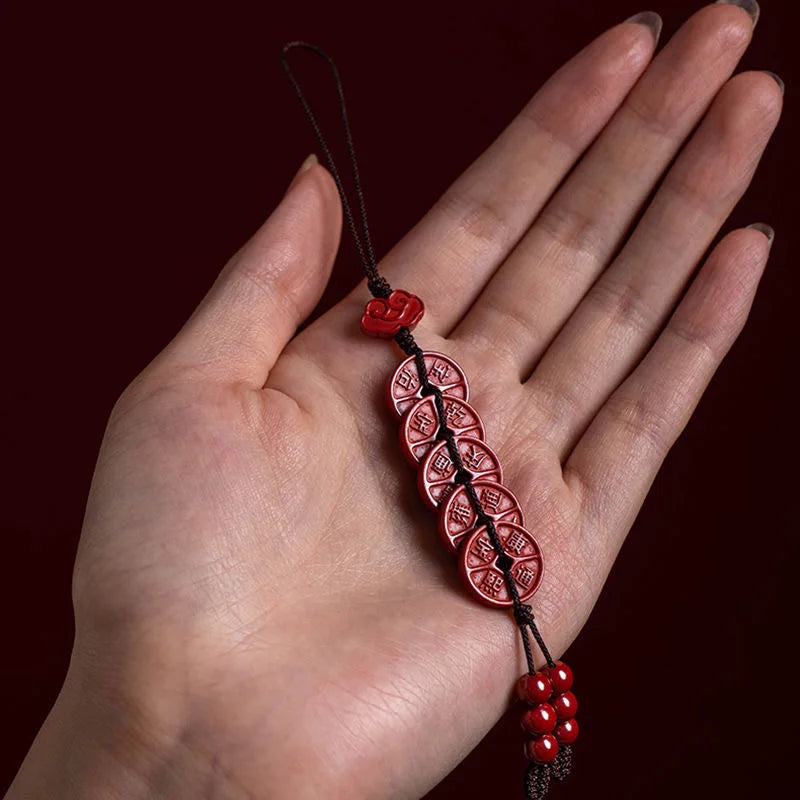 Cinnabar Money Key Chain Organic Jewellery Carved Chinese Natural Charm Amulet