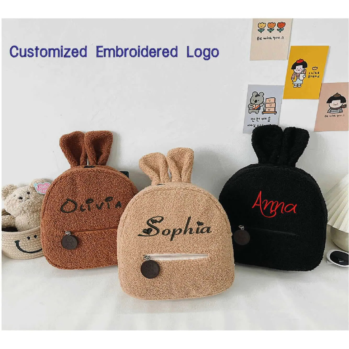 Embroidered Bunny Backpack Plush Rabbit Ear Satchel Fuzzy Bunny Purse