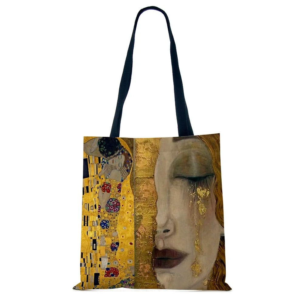 Oil Painting Tears Linen Cloth Tote Bags For Women