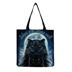 Moon Cat Print Tote Bag Women Casual Handbag High Capacity Foldable