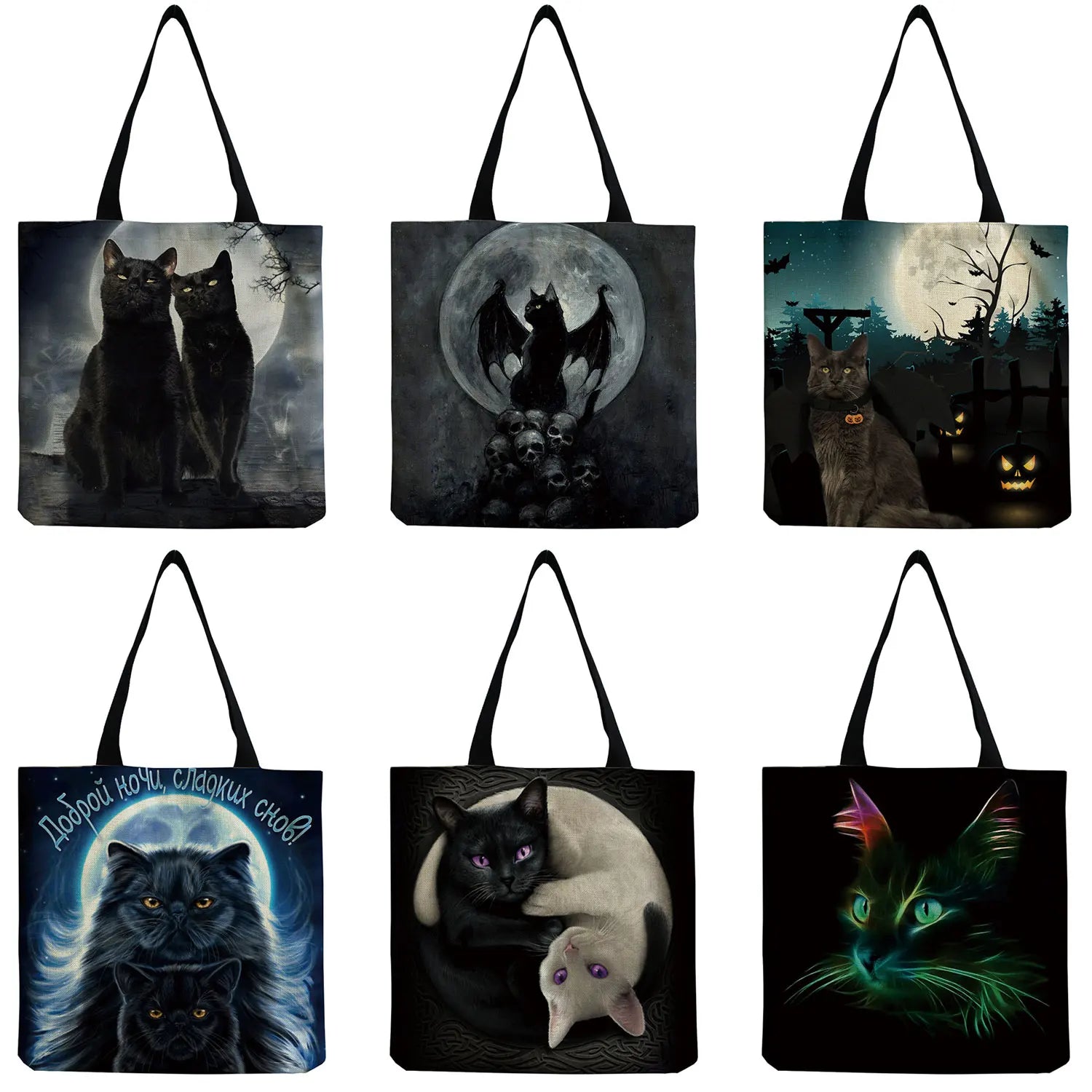 Moon Cat Print Tote Bag Women Casual Handbag High Capacity Foldable