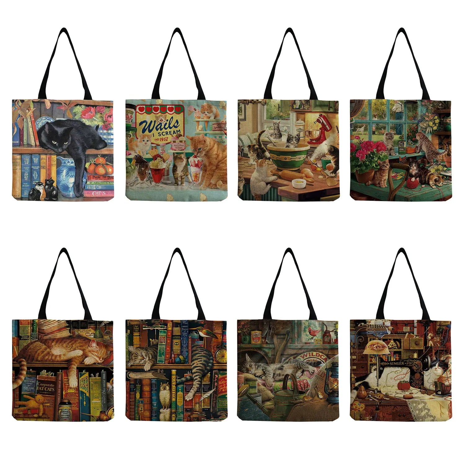 Oil Painting Cat Print Tote Shopping Bag Women Handbag Casual Beach Bag