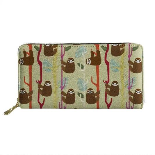 Sloth Print Ladies Leather Wallet Zipper Large Capacity Money Bag