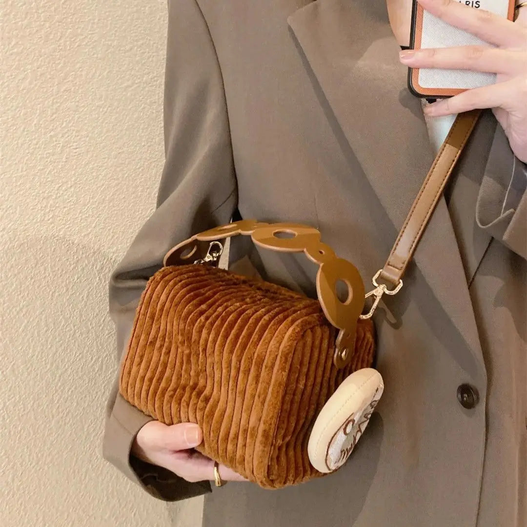 Corduroy Mini Bag with Donut Pendant - Women's Crossbody Tote
