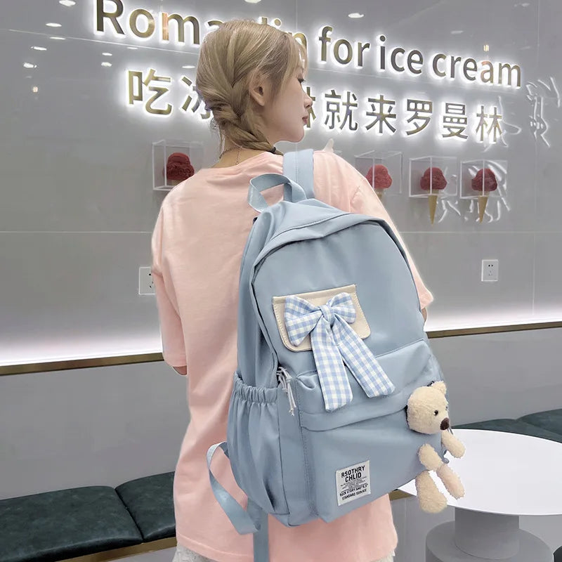Bear Doll Bow Flip Cover Junior High School Female Student Campus Backpack