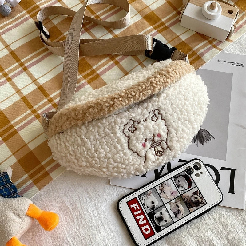 Bear Embroidered Plush Waist Bag Women Soft Warm Fanny Pack