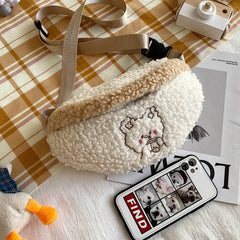 Bear Embroidered Plush Waist Bag Women Soft Warm Fanny Pack