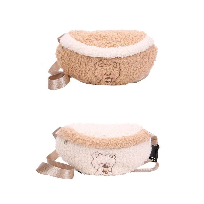 Bear Embroidered Plush Waist Bag Women Soft Warm Fanny Pack