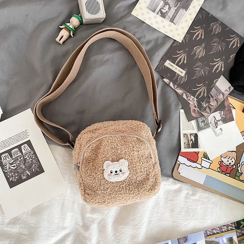 Plush Bear Messenger Bag for Women Winter Handbag