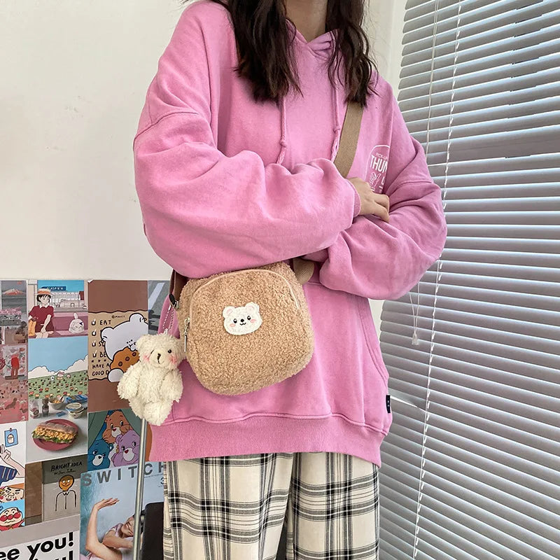 Plush Bear Messenger Bag for Women Winter Handbag