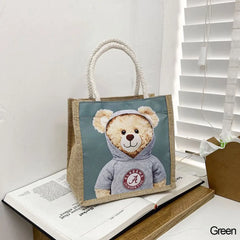 Bear Print Pendant Handbag Linen Canvas Top-handle Gift Bag