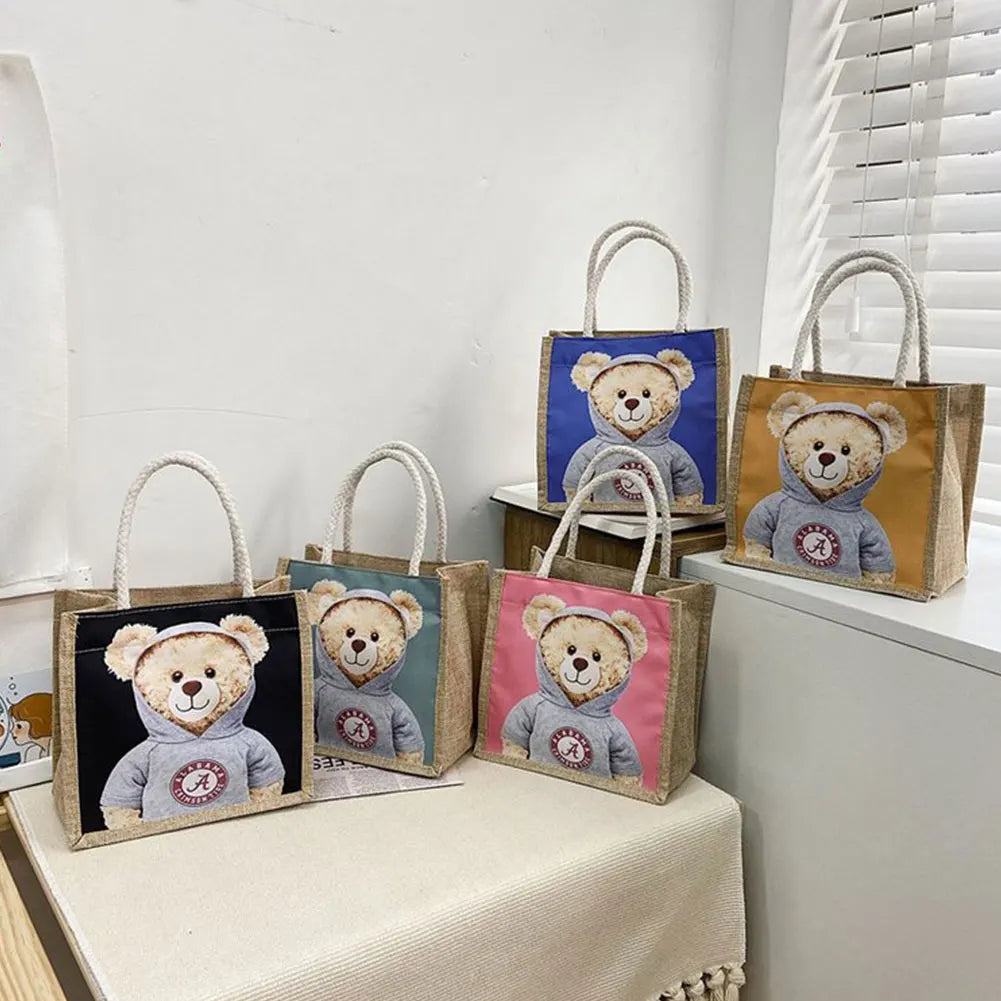 Bear Print Pendant Handbag Xmas Linen Canvas Bag Women Ladies Girl Top-handle
