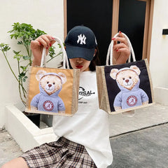 Bear Print Pendant Handbag Xmas Linen Canvas Bag Women Ladies Girl Top-handle