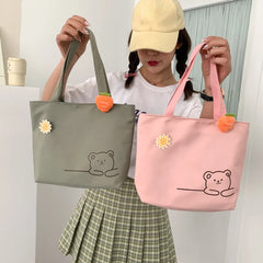 Bear Women Canvas Zipper Bag Preppy Style Student Tote Shoulder Messenger Bag