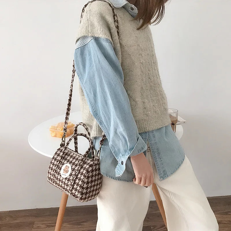 Bear Women Little Boston Bag Woolen Corduroy Shoulder Bag Small Handbag
