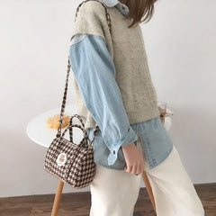 Bear Women Little Boston Bag Woolen Corduroy Shoulder Bag Small Handbag