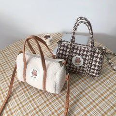 Bear Women Little Boston Bag Woolen Corduroy Shoulder Bag Small Handbag