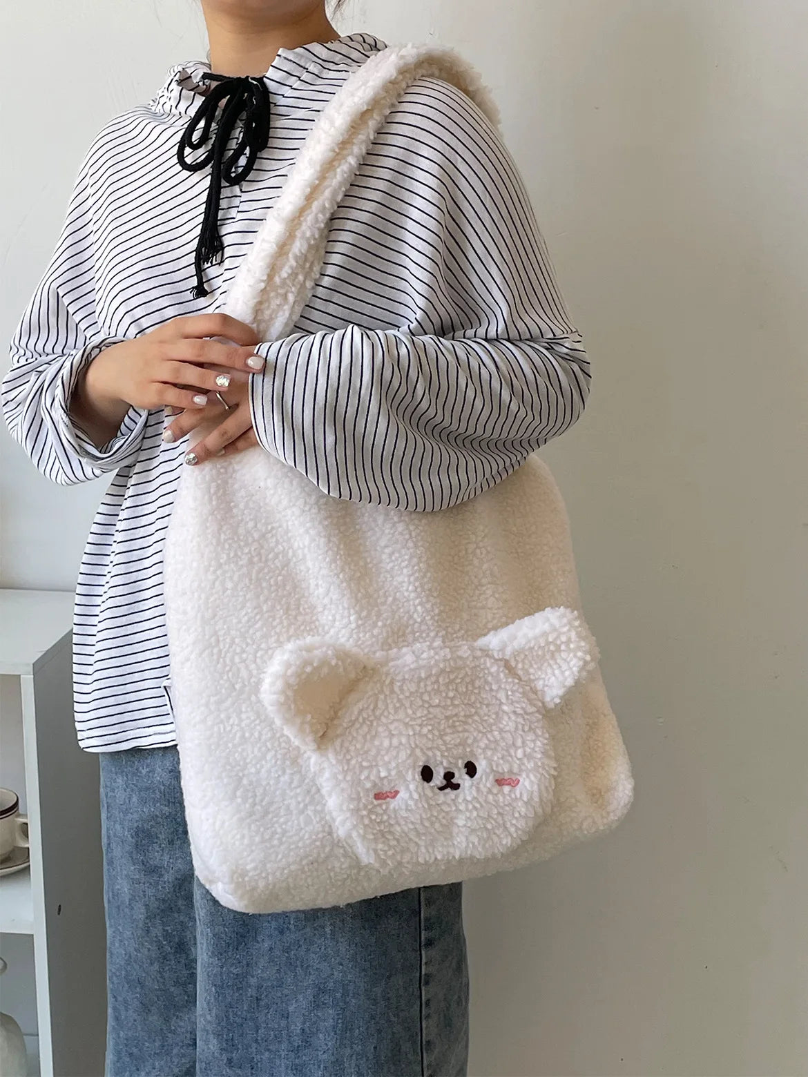 Bear Women's Faux Lamb Wool Shoulder Bag Plush Tote Purse Handbag