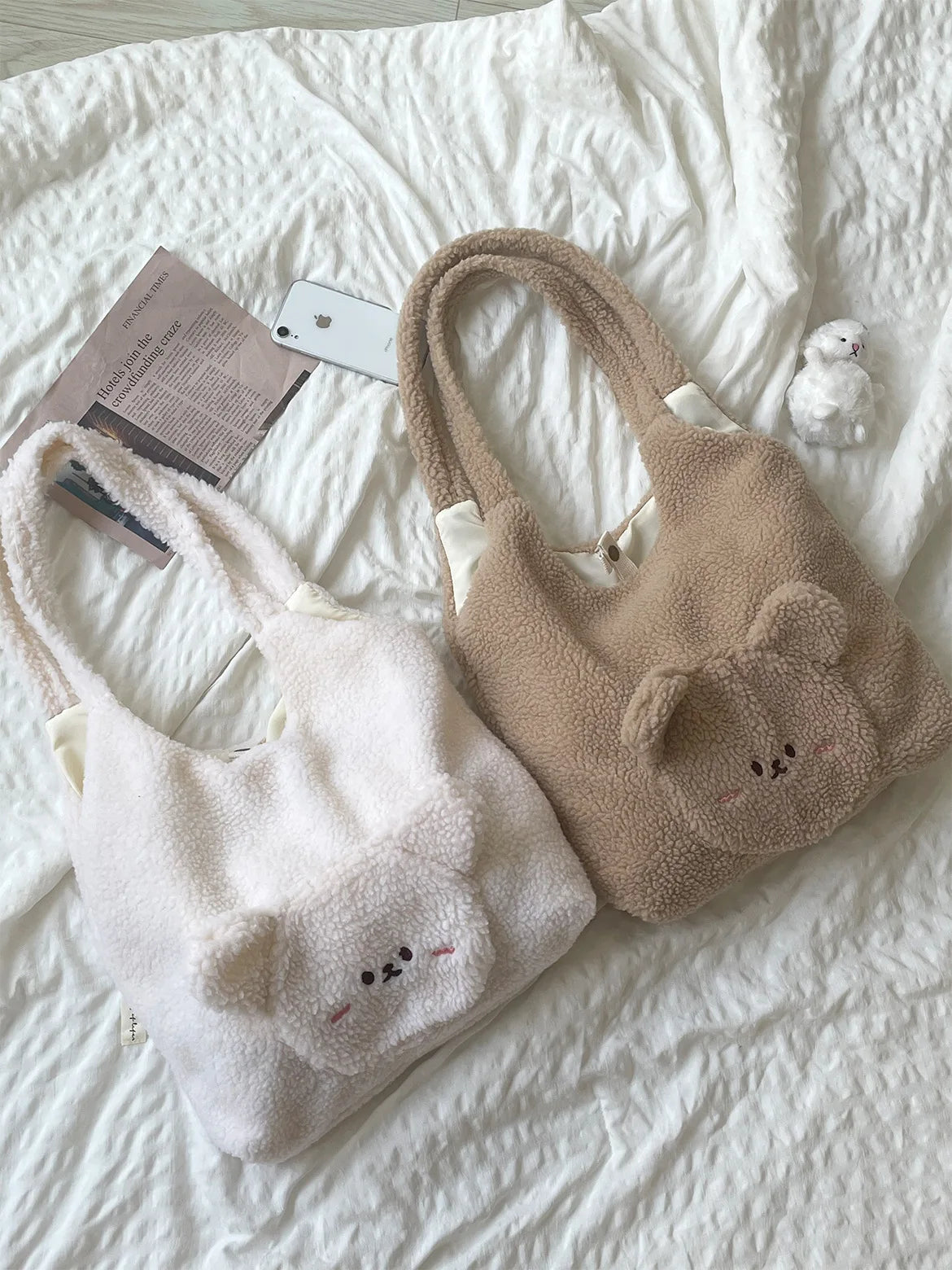 Bear Women's Faux Lamb Wool Shoulder Bag Plush Tote Purse Handbag